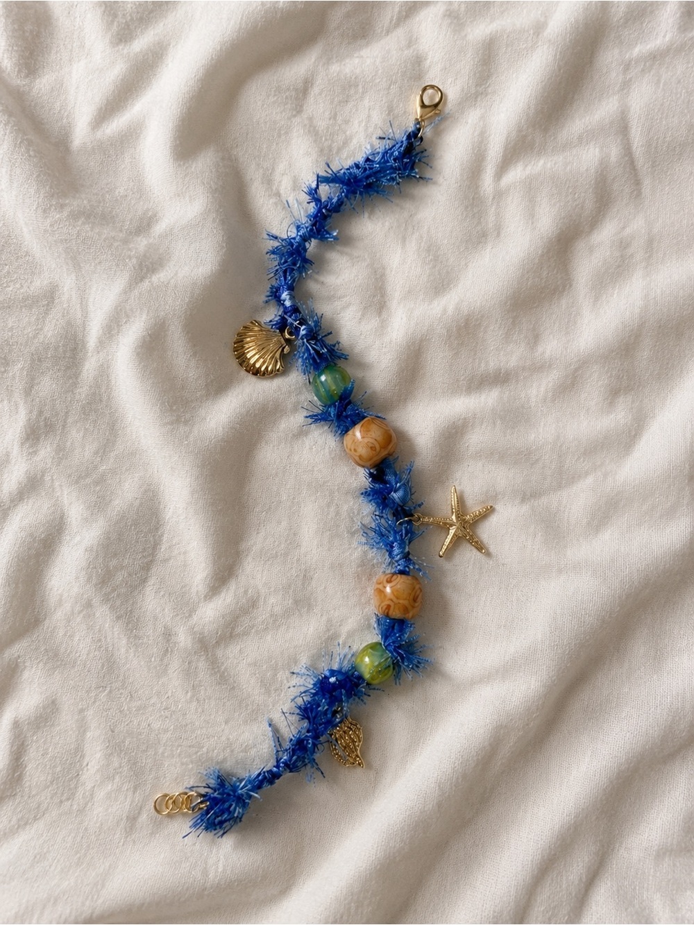 Blue Frayed Bandana Charm Anklet Bracelet with Gold Sea Charms